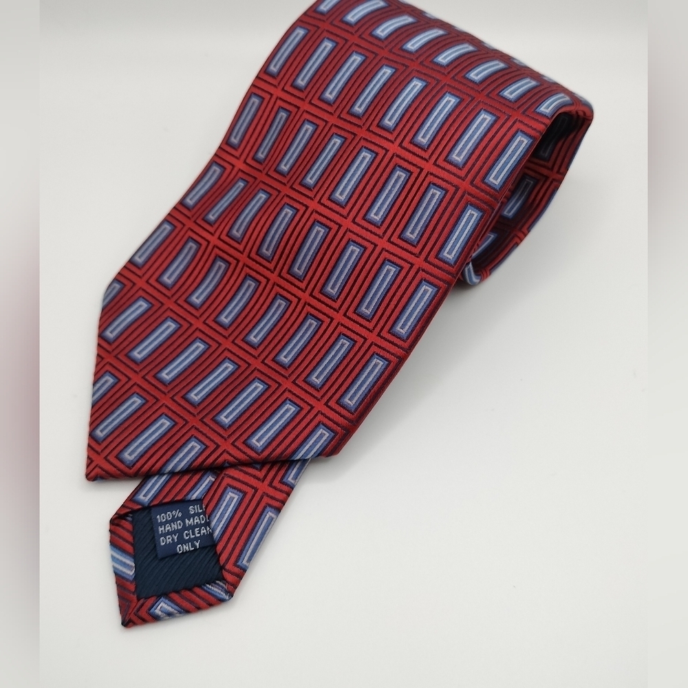 Henry Jacobson Tie Necktie Silk Hand Made Red Blue Geometric Pattern